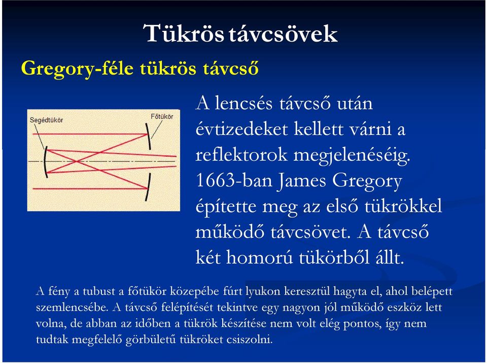 A fény a tubust a főtükör közepébe fúrt lyukon keresztül hagyta el, ahol belépett szemlencsébe.