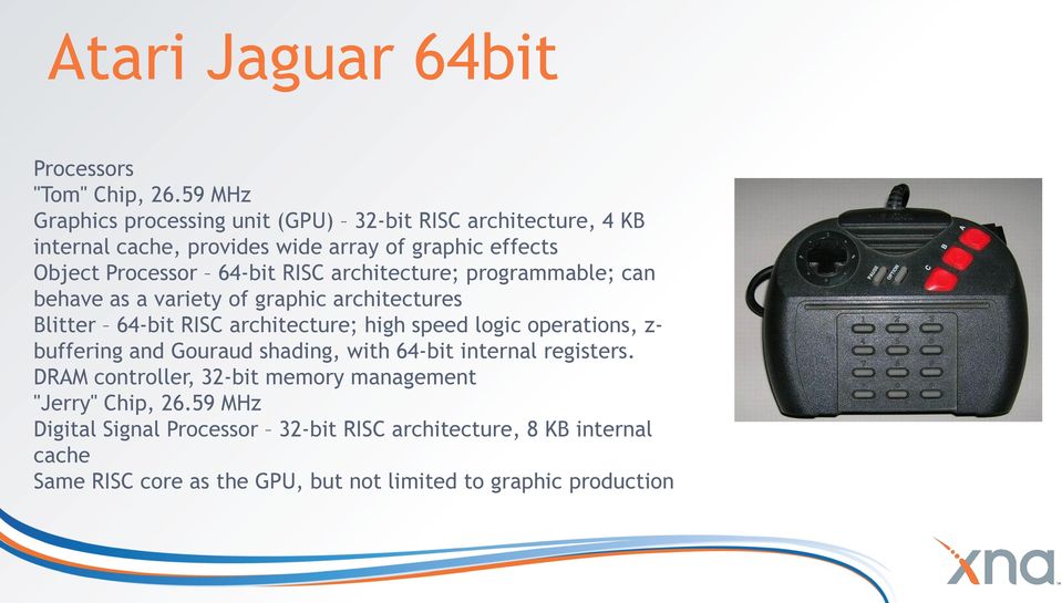 RISC architecture; programmable; can behave as a variety of graphic architectures Blitter 64-bit RISC architecture; high speed logic operations, z-