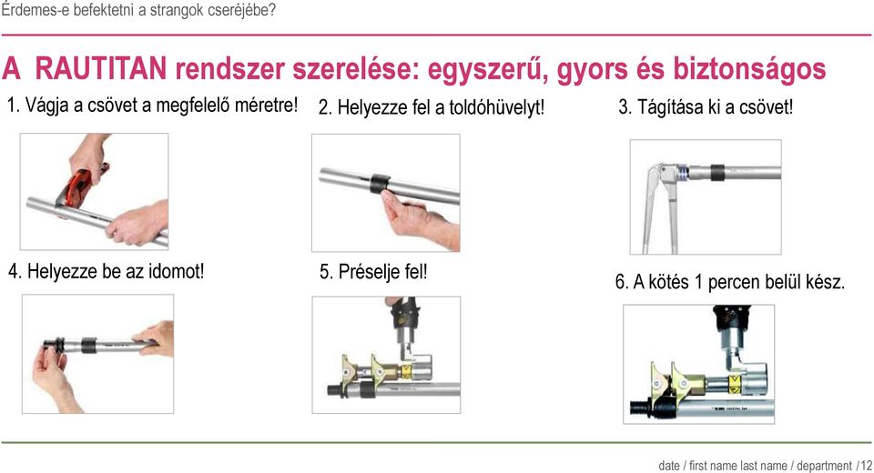 Tágítása ki a csövet! 4. Helyezze be az idomot! 6.
