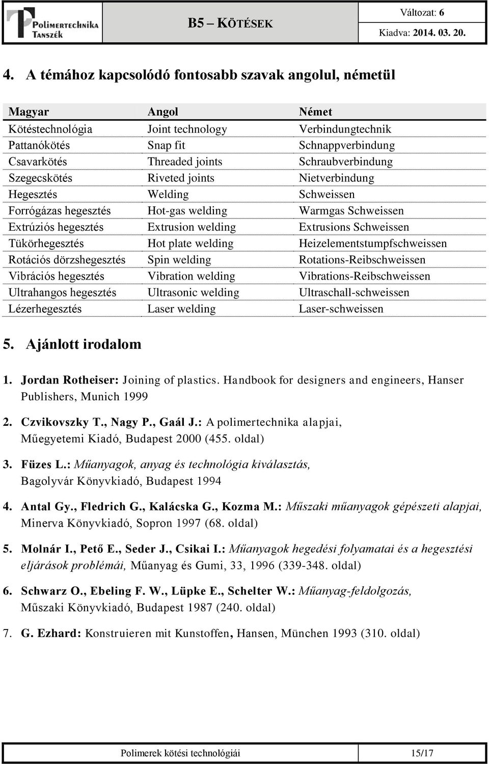 Schweissen Tükörhegesztés Hot plate welding Heizelementstumpfschweissen Rotációs dörzshegesztés Spin welding Rotations-Reibschweissen Vibrációs hegesztés Vibration welding Vibrations-Reibschweissen