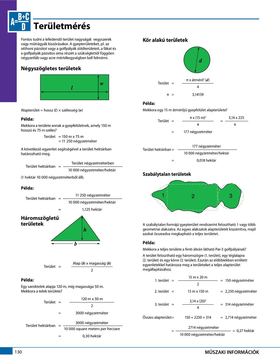 Kör alakú területek Négyszögletes területek Terület = π x átmérő 2 (d) 4 π = 3,14159 Alapterület = hossz (l) szélesség (w) Példa: Mekkora a területe annak a gyepfelületnek, amely 150 m hosszú és 75 m