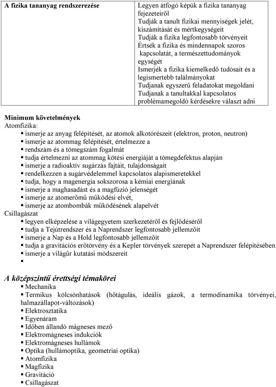 Tudjanak a tanultakkal kapcsolatos problémamegoldó kérdésekre választ adni Minimum követelmények Atomfizika: ismerje az anyag felépítését, az atomok alkotórészeit (elektron, proton, neutron) ismerje