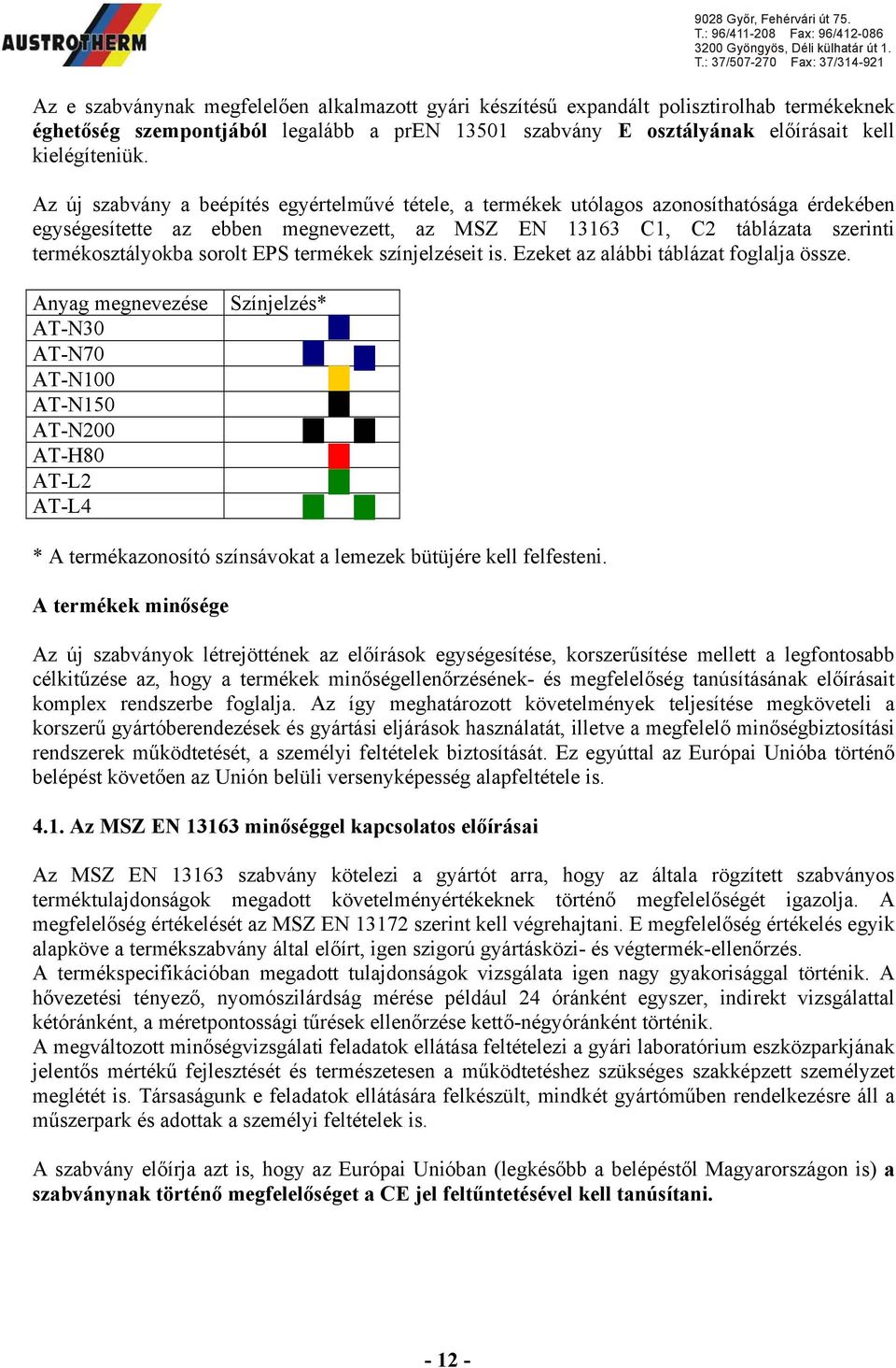 EPS termékek színjelzéseit is. Ezeket az alábbi táblázat foglalja össze.