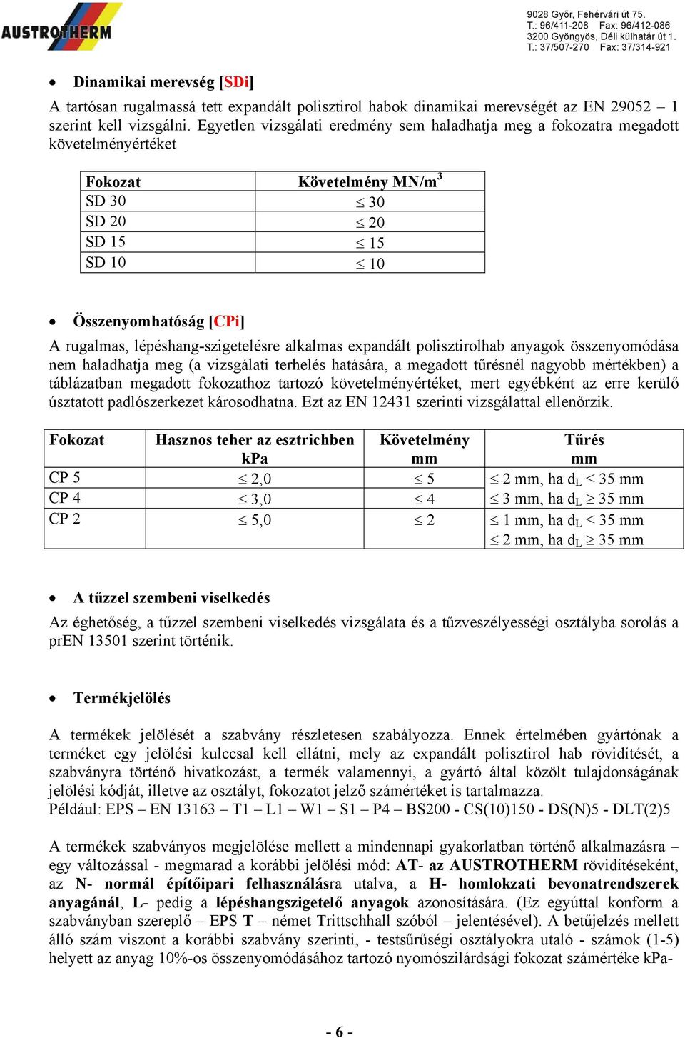 lépéshang-szigetelésre alkalmas expandált polisztirolhab anyagok összenyomódása nem haladhatja meg (a vizsgálati terhelés hatására, a megadott tűrésnél nagyobb mértékben) a táblázatban megadott