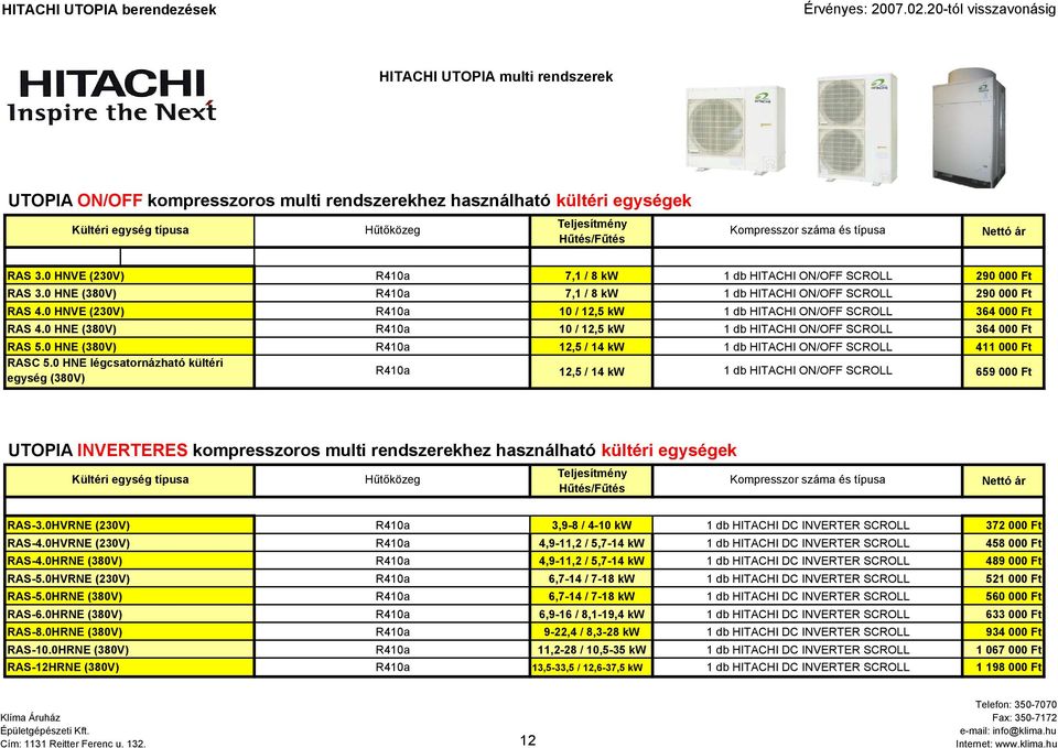 0 HNE légcsatornázható kültéri egység (380V) 7,1 / 8 kw 1 db HITACHI ON/OFF SCROLL 290 000 Ft 7,1 / 8 kw 1 db HITACHI ON/OFF SCROLL 290 000 Ft 10 / 12,5 kw 1 db HITACHI ON/OFF SCROLL 364 000 Ft 10 /