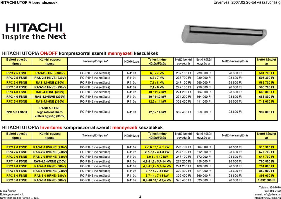 0HNE (380V) 10 / 11,2 kw 274 200 Ft 364 000 Ft 666 800 Ft RPC 4.0 FSNE RAS4.0HNVE (230V) 10 / 11,2 kw 274 200 Ft 364 000 Ft 666 800 Ft RPC 5.0 FSNE RAS5.