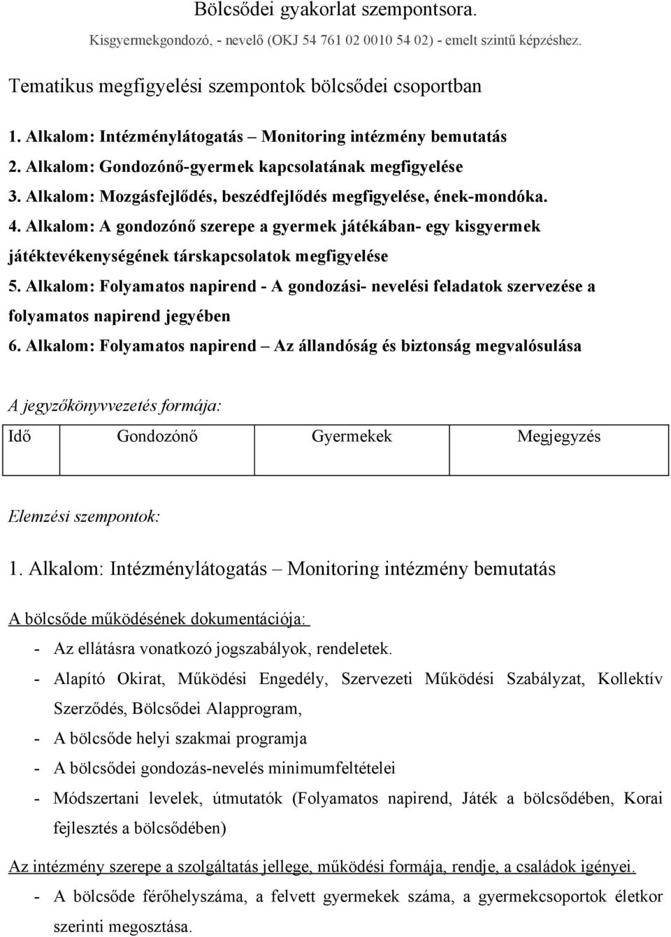 Bölcsődei gyakorlat szempontsora. Tematikus megfigyelési szempontok  bölcsődei csoportban - PDF Free Download