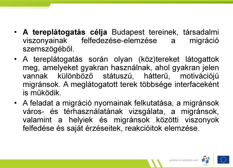 hátterű, motivációjú migránsok. A meglátogatott terek többsége interfaceként is működik.