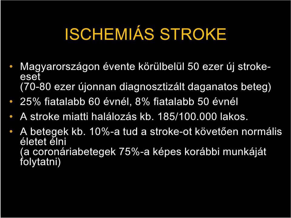 A stroke miatti halálozás kb. 185/100.000 lakos. A betegek kb.