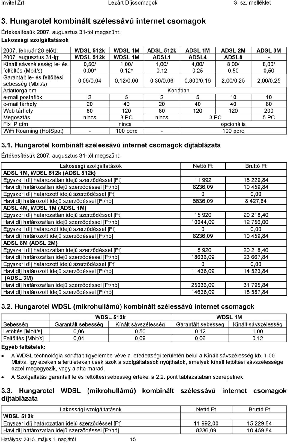 augusztus 31-ig: WDSL 512k WDSL 1M ADSL1 ADSL4 ADSL8 - Kínált sávszélesség le- és feltöltés (Mbit/s) 0,50/ 0,09* 1,00/ 0,12* 1,00/ 0,12 4,00/ 0,25 8,00/ 0,50 8,00/ 0,50 Garantált le- és feltöltési