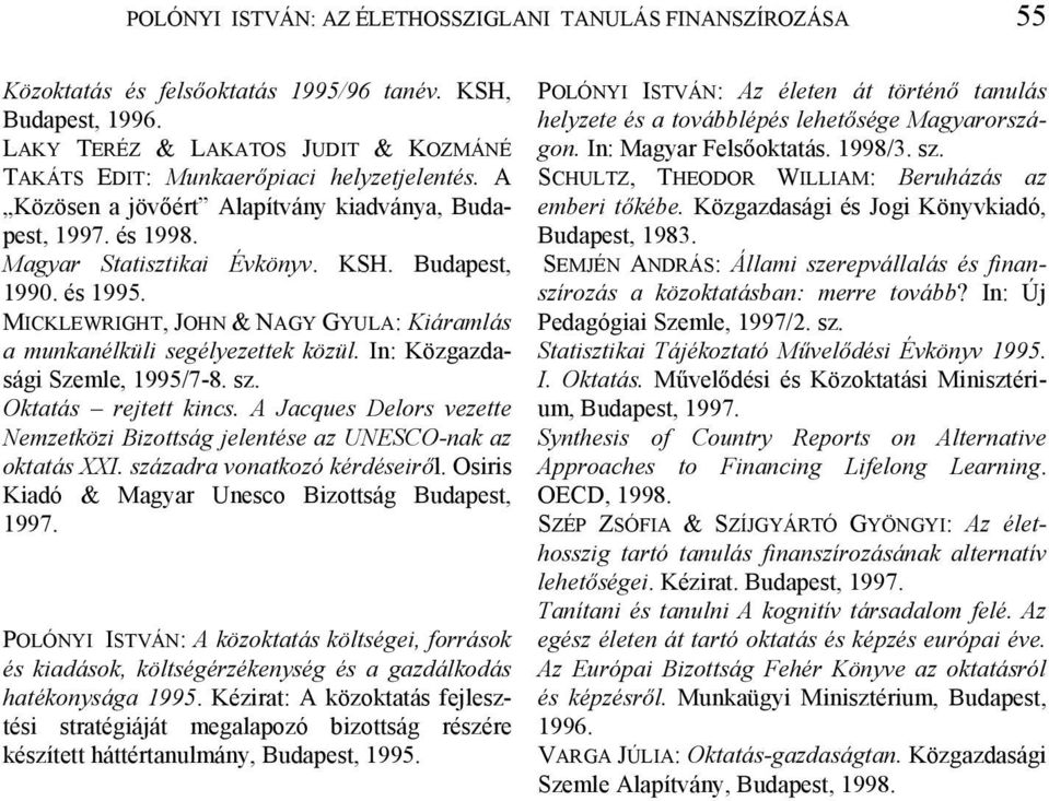 és 1995. MICKLEWRIGHT, JOHN & NAGY GYULA: Kiáramlás a munkanélküli segélyezettek közül. In: Közgazdasági Szemle, 1995/7-8. sz. Oktatás rejtett kincs.