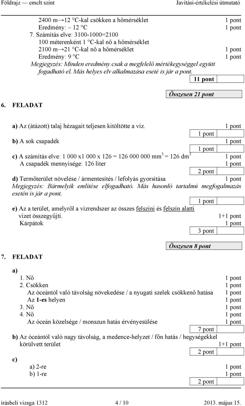 Más helyes elv alkalmazása eseté is jár a pont. 1 6. FELADAT Összesen 2 Az (átázott) talaj hézagait teljesen kitöltötte a víz.