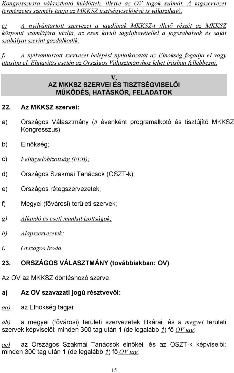 f) A nyilvántartott szervezet belépési nyilatkozatát az Elnökség fogadja el vagy utasítja el. Elutasítás esetén az Országos Választmányhoz lehet írásban fellebbezni. 22. Az MKKSZ szervei: V.