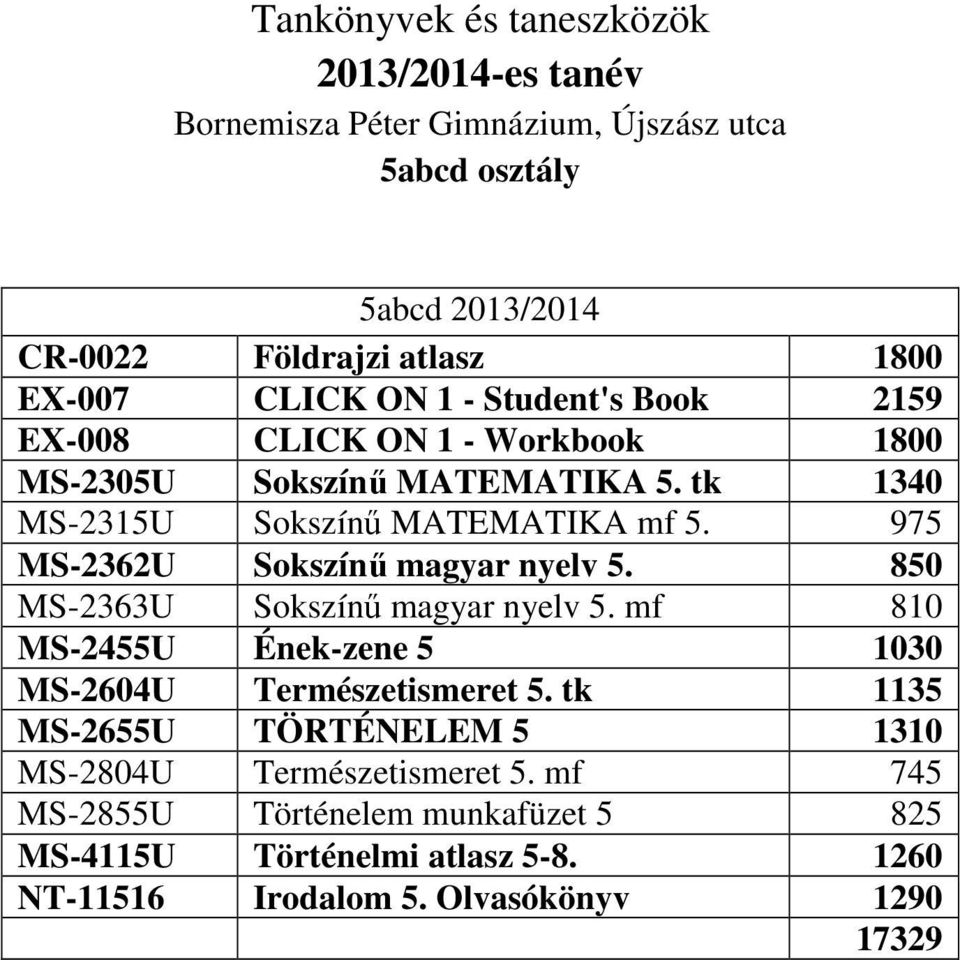 975 MS-2362U Sokszínű magyar nyelv 5. 850 MS-2363U Sokszínű magyar nyelv 5. mf 810 MS-2455U Ének-zene 5 1030 MS-2604U Természetismeret 5.