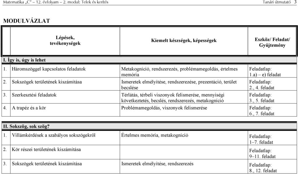 Szerkesztési feladatk Térlátás, térbeli visznyk felismerése, mennyiségi következtetés, becslés, rendszerezés, metakgníció Feladatlap: 1.a) e) feladat Feladatlap:.,. feladat Feladatlap: 3., 5. feladat. A trapéz és a kör Prblémamegldás, visznyk felismerése Feladatlap: 6.