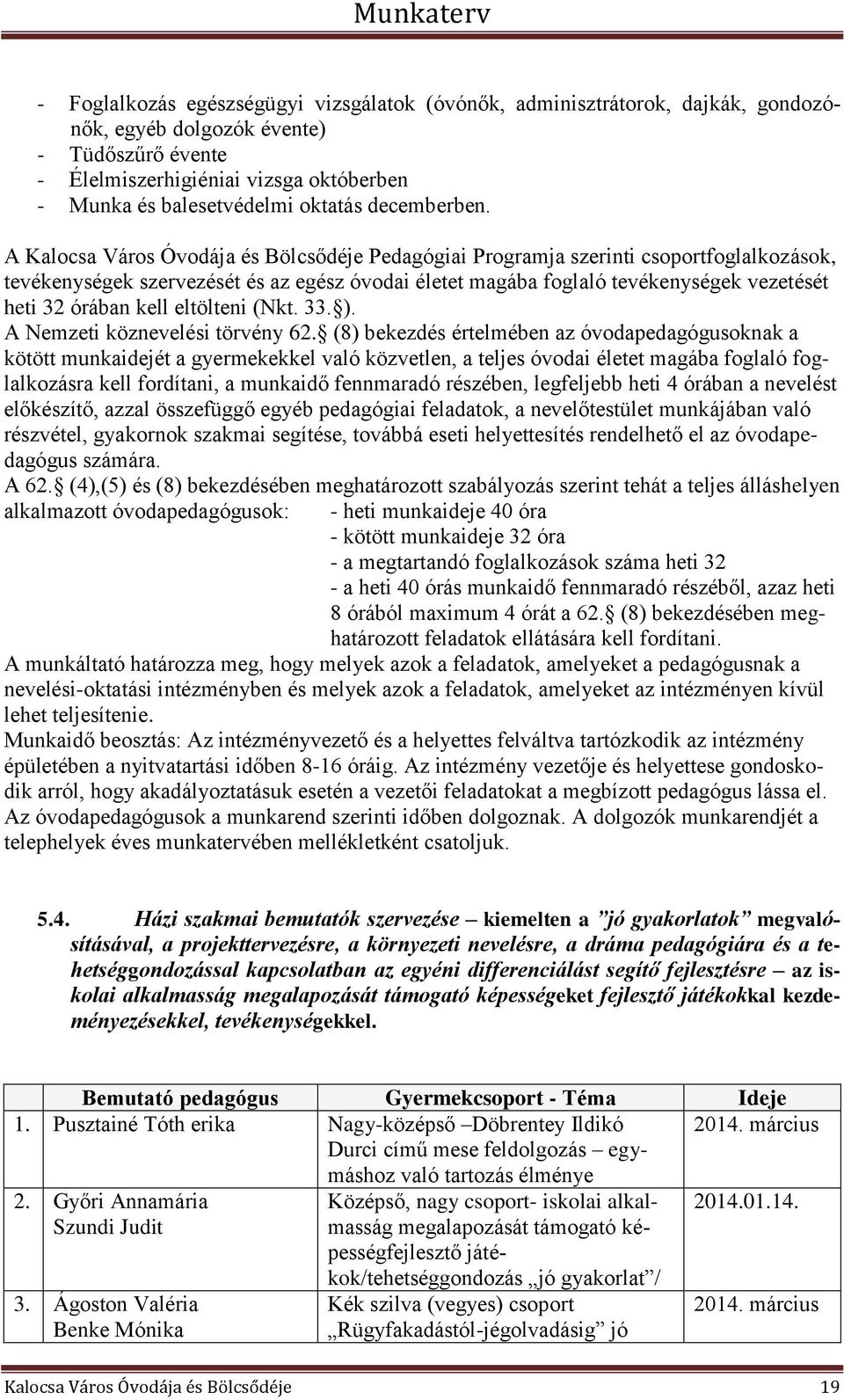 A Kalocsa áros Óvodája és ölcsődéje Pedagógiai Programja szerinti csoportfoglalkozások, tevékenységek szervezését és az egész óvodai életet magába foglaló tevékenységek vezetését heti 32 órában kell