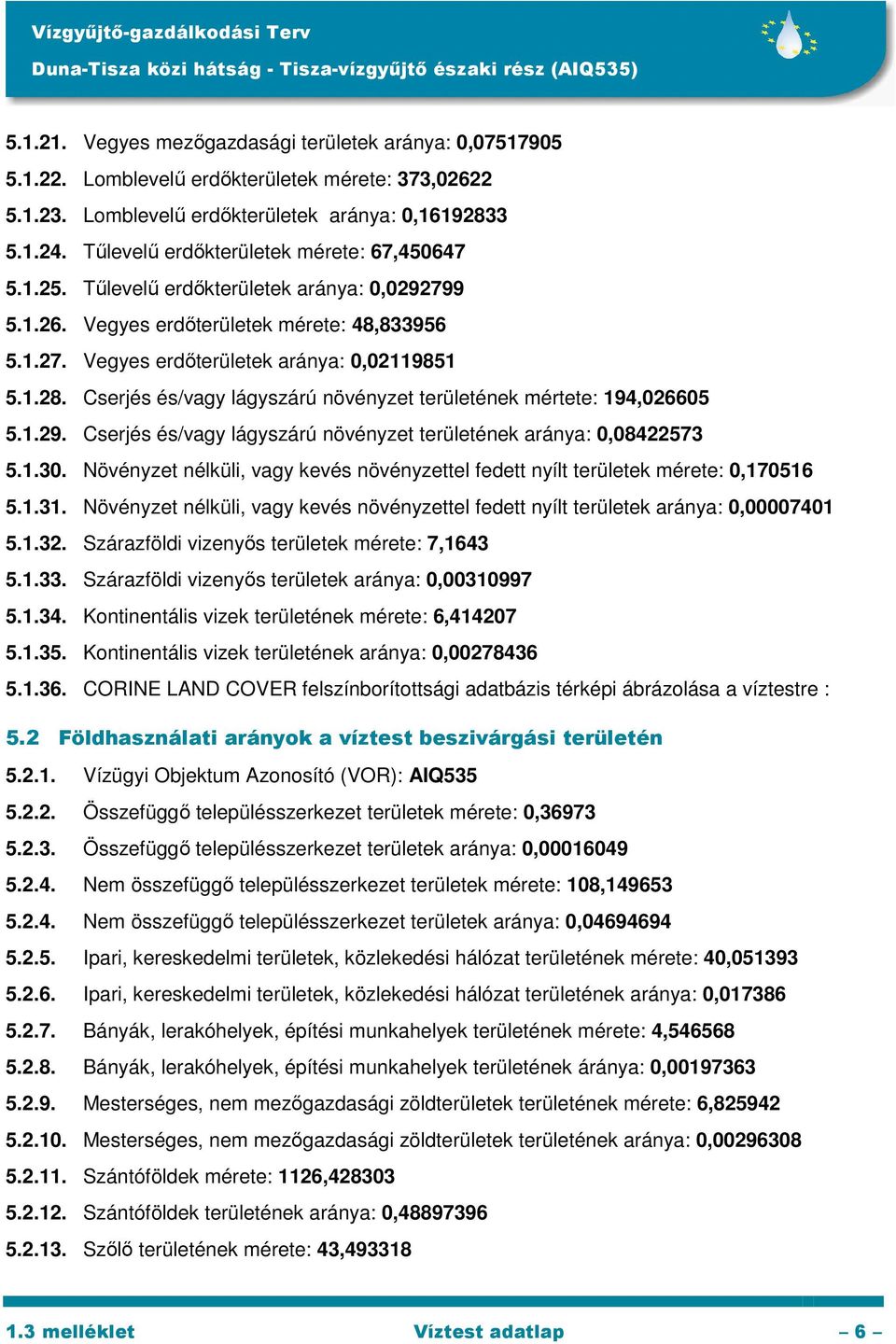 Cserjés és/vagy lágyszárú növényzet területének mértete: 194,026605 5.1.29. Cserjés és/vagy lágyszárú növényzet területének aránya: 0,08422573 5.1.30.