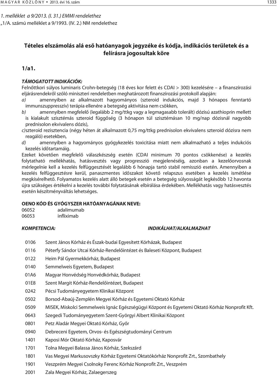 protokoll alapján: a) amennyben az alkalmazott hagyományos (szterod ndukcós, majd 3 hónapos fenntartó mmunszuppresszív) terápa ellenére a betegség aktvtása nem csökken, b) amennyben megfelelő