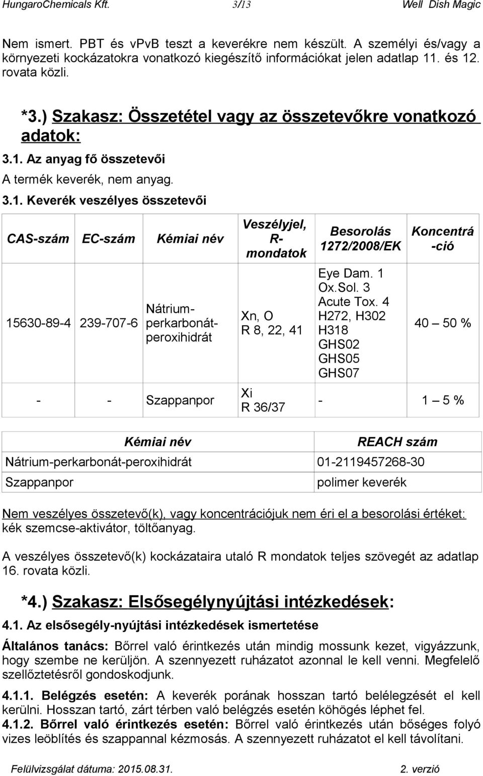 név 15630-89-4 239-707-6 Nátriumperkarbonátperoxihidrát - - Szappanpor Kémiai név Veszélyjel, R- mondatok Xn, O R 8, 22, 41 Xi R 36/37 Besorolás 1272/2008/EK Eye Dam. 1 Ox.Sol. 3 Acute Tox.