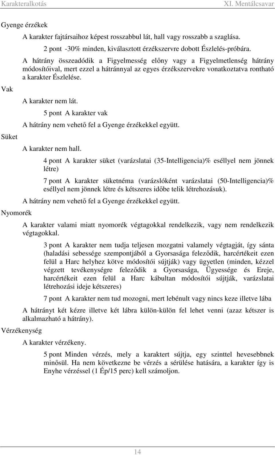 5 pont A karakter vak A hátrány nem vehető fel a Gyenge érzékekkel együtt. A karakter nem hall.