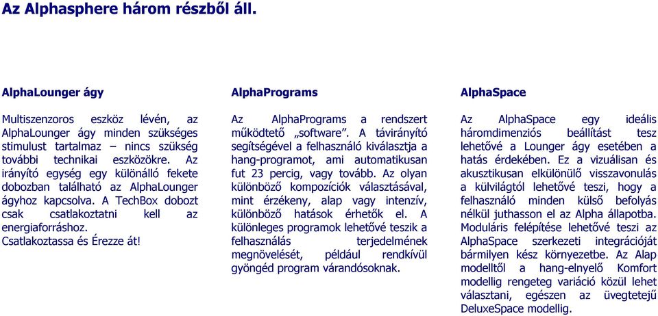 AlphaPrograms Az AlphaPrograms a rendszert működtető software. A távirányító segítségével a felhasználó kiválasztja a hang-programot, ami automatikusan fut 23 percig, vagy tovább.