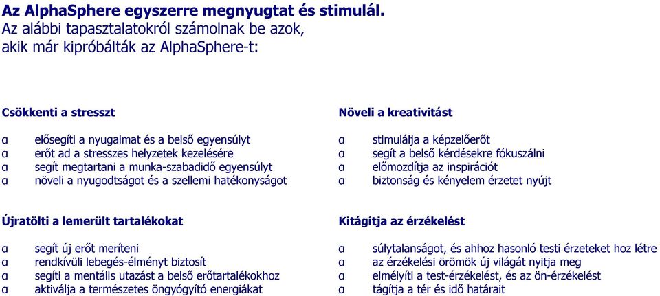 helyzetek kezelésére segít megtartani a munka-szabadidő egyensúlyt növeli a nyugodtságot és a szellemi hatékonyságot stimulálja a képzelőerőt segít a belső kérdésekre fókuszálni előmozdítja az