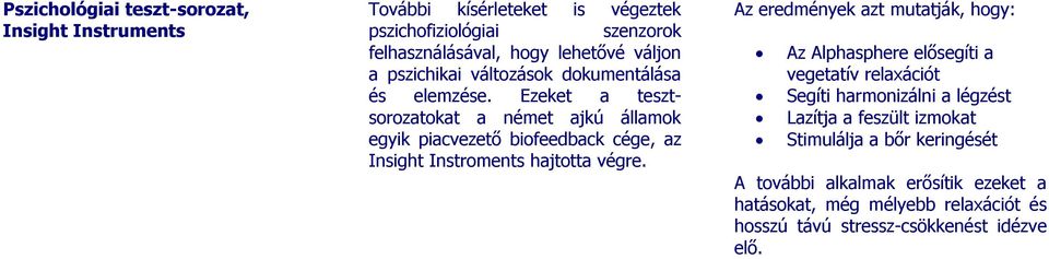 Ezeket a tesztsorozatokat a német ajkú államok egyik piacvezető biofeedback cége, az Insight Instroments hajtotta végre.