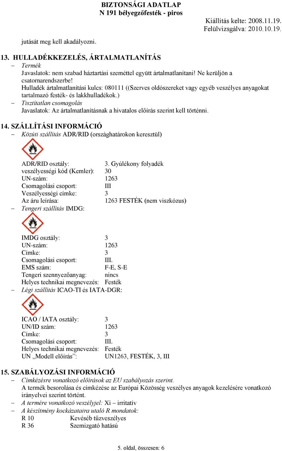 ) Tisztítatlan csomagolás Javaslatok: Az ártalmatlanításnak a hivatalos előírás szerint kell történni. 14.