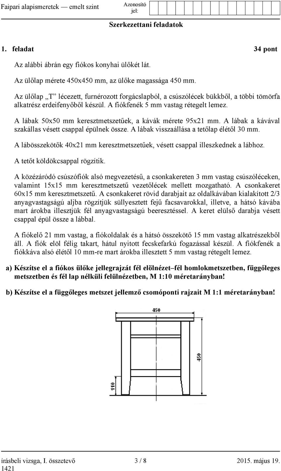 A lábak 50x50 mm keresztmetszetűek, a kávák mérete 95x21 mm. A lábak a kávával szakállas vésett csappal épülnek össze. A lábak visszaállása a tetőlap élétől 30 mm.