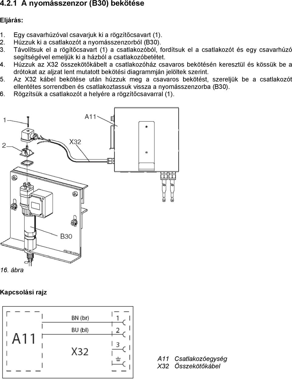 Húzzuk az X32 összekötőkábelt a csatlakozóház csavaros bekötésén keresztül és kössük be a drótokat az aljzat lent mutatott bekötési diagrammján jelöltek szerint. 5.