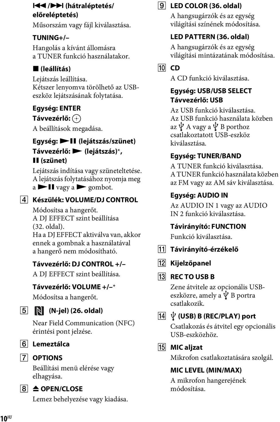 Egység: NX (lejátszás/szünet) Távvezérlő: N (lejátszás)*, X (szünet) Lejátszás indítása vagy szüneteltetése. A lejátszás folytatásához nyomja meg a NX vagy a N gombot.