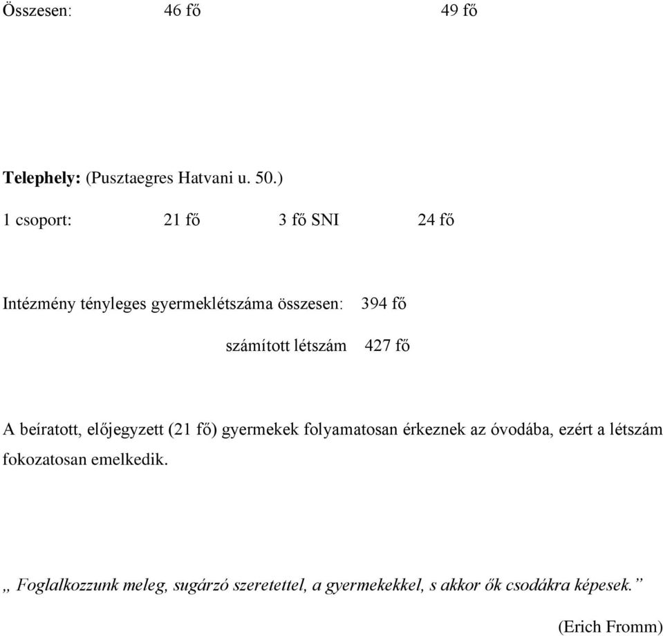 létszám 427 fő A beíratott, előjegyzett (21 fő) gyermekek folyamatosan érkeznek az óvodába,