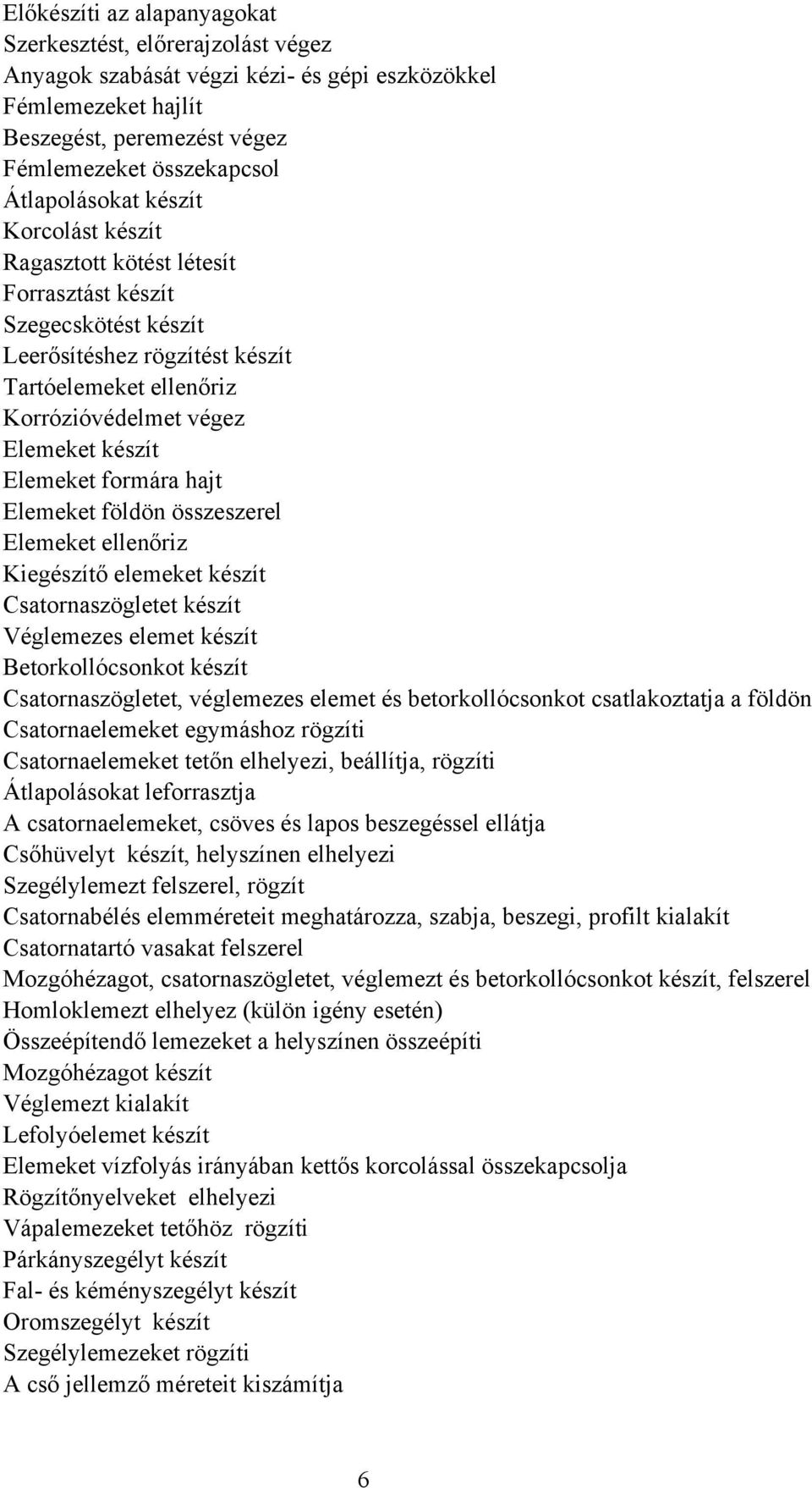 formára hajt Elemeket földön összeszerel Elemeket ellenőriz Kiegészítő elemeket készít satornaszögletet készít Véglemezes elemet készít etorkollócsonkot készít satornaszögletet, véglemezes elemet és