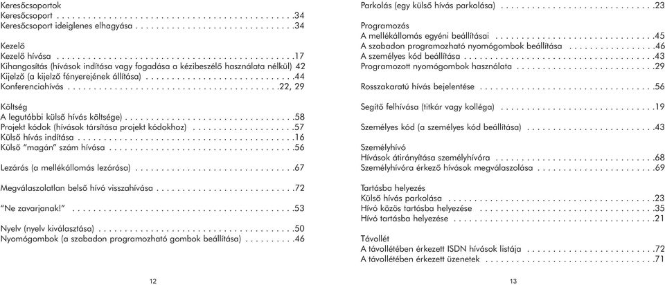 ........................................22, 29 Költség A legutóbbi külsõ hívás költsége).................................58 Projekt kódok (hívások társítása projekt kódokhoz)....................57 Külsõ hívás indítása.