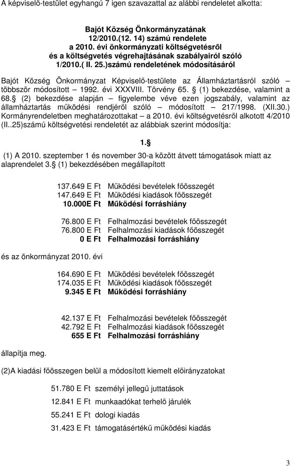 )számú rendeletének módosításáról Bajót Község Önkormányzat Képviselő-testülete az Államháztartásról szóló többször módosított 1992. évi XXXVIII. Törvény 65. (1) bekezdése, valamint a 68.