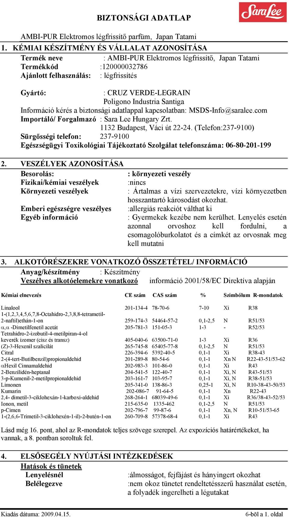 (Telefon:237-9100) Sürgősségi telefon: 237-9100 Egészségügyi Toxikológiai Tájékoztató Szolgálat telefonszáma: 06-80-201-199 2.