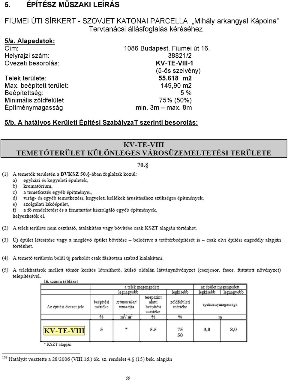Helyrajzi szám: 38821/2 Övezeti besorolás: KV-TE-VIII-1 (5-ös szelvény) Telek területe: 55.618 m2 Max.