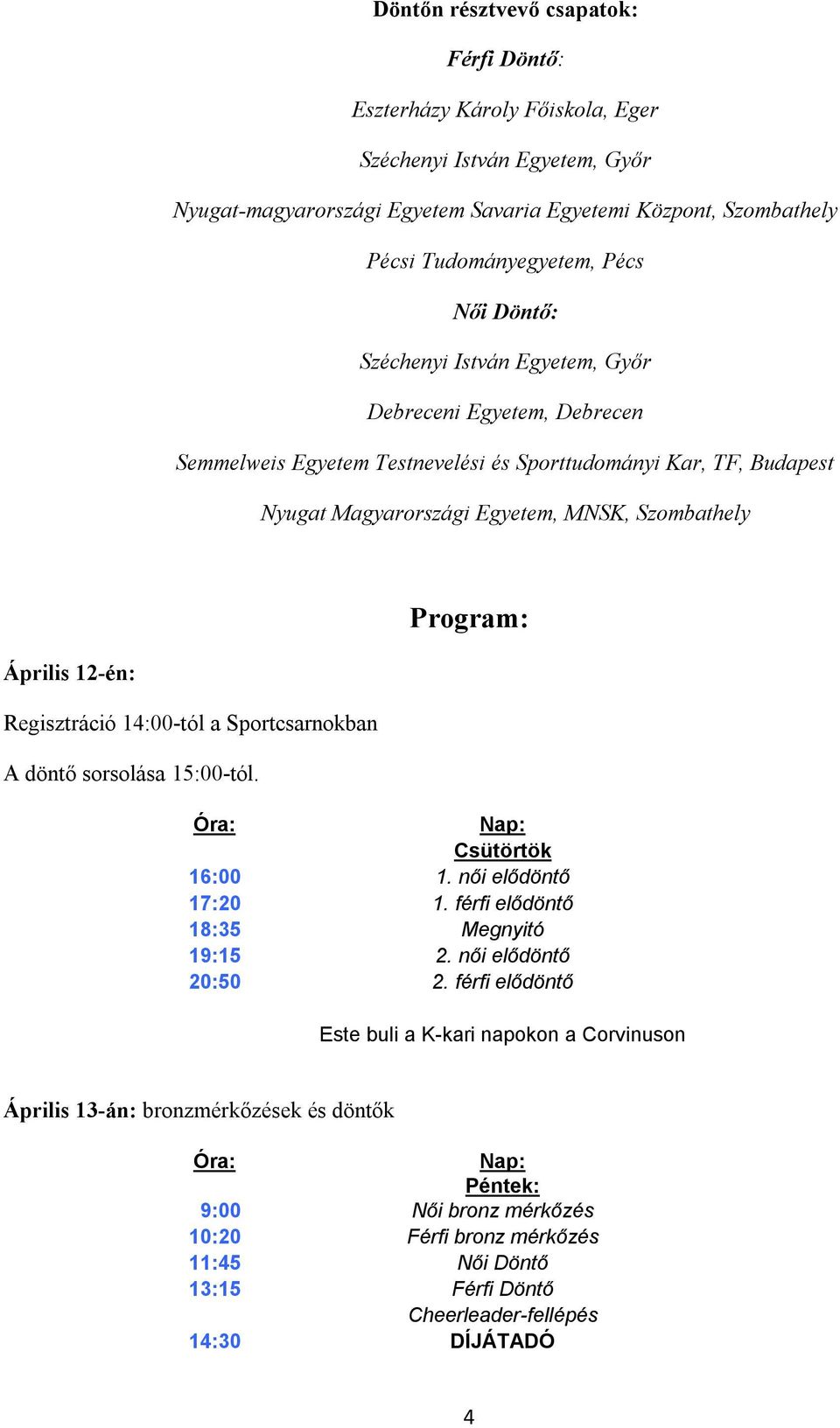 Április 12-én: Regisztráció 14:00-tól a Sportcsarnokban A döntő sorsolása 15:00-tól. Óra: Nap: Csütörtök 16:00 1. női elődöntő 17:20 1. férfi elődöntő 18:35 Megnyitó 19:15 2. női elődöntő 20:50 2.