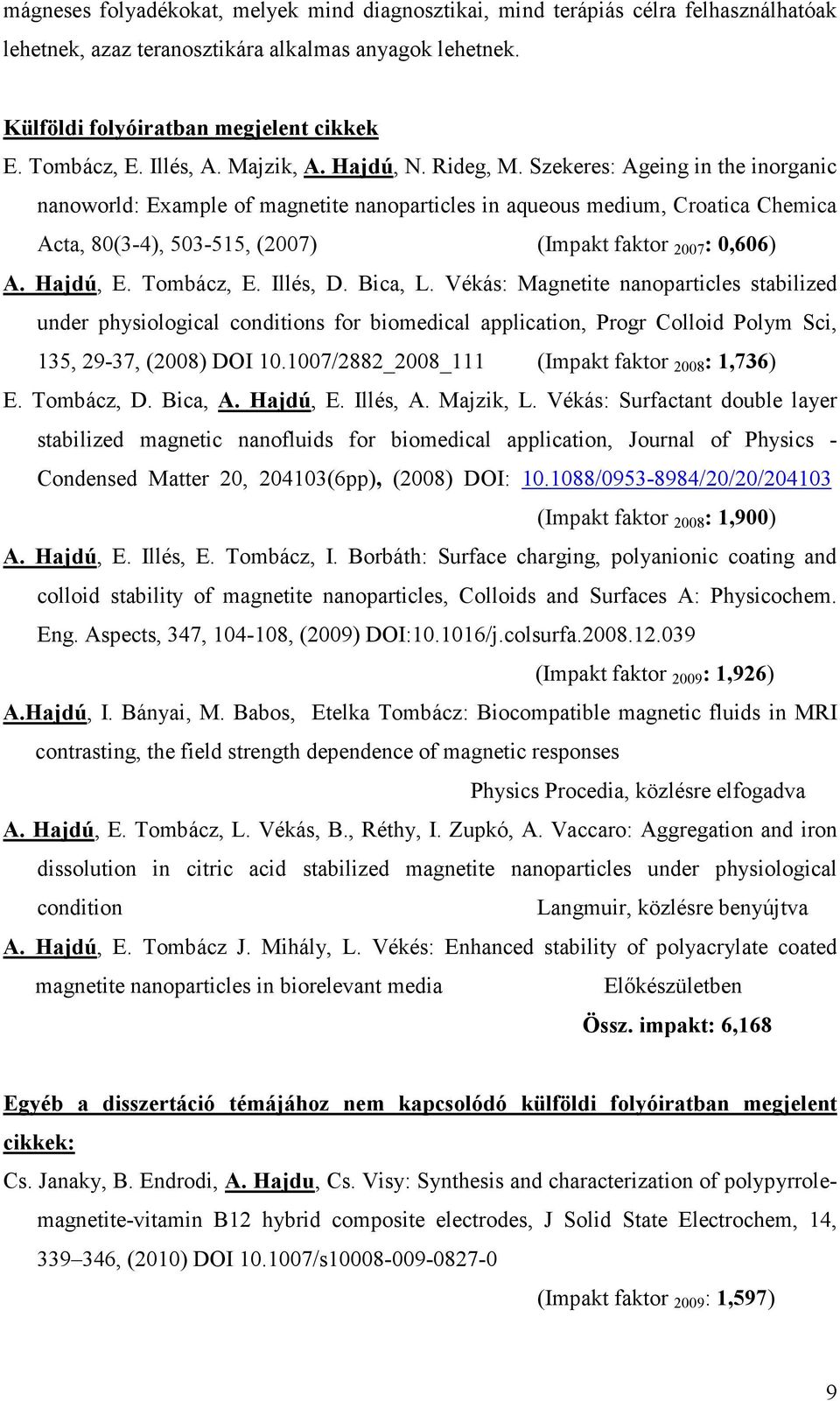 Szekeres: Ageing in the inorganic nanoworld: Example of magnetite nanoparticles in aqueous medium, Croatica Chemica Acta, 80(3-4), 503-515, (2007) (Impakt faktor 2007 : 0,606) A. Hajdú, E. Tombácz, E.