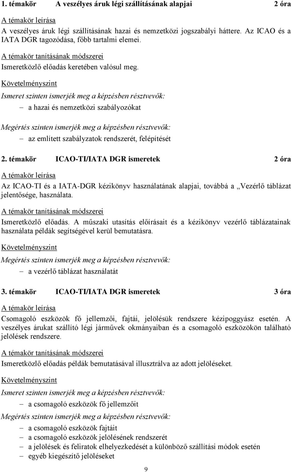 témakör ICAO-TI/IATA DGR ismeretek 2 óra Az ICAO-TI és a IATA-DGR kézikönyv használatának alapjai, továbbá a Vezérlő táblázat jelentősége, használata. Ismeretközlő előadás.