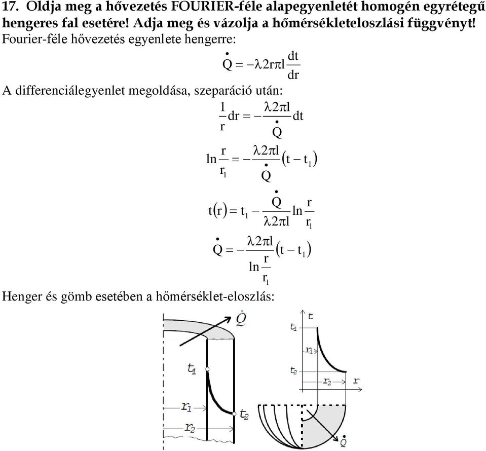 Fourier-féle hővezetés egyenlete hengerre: dt Q = λ2rπl dr A differenciálegyenlet megoldása,
