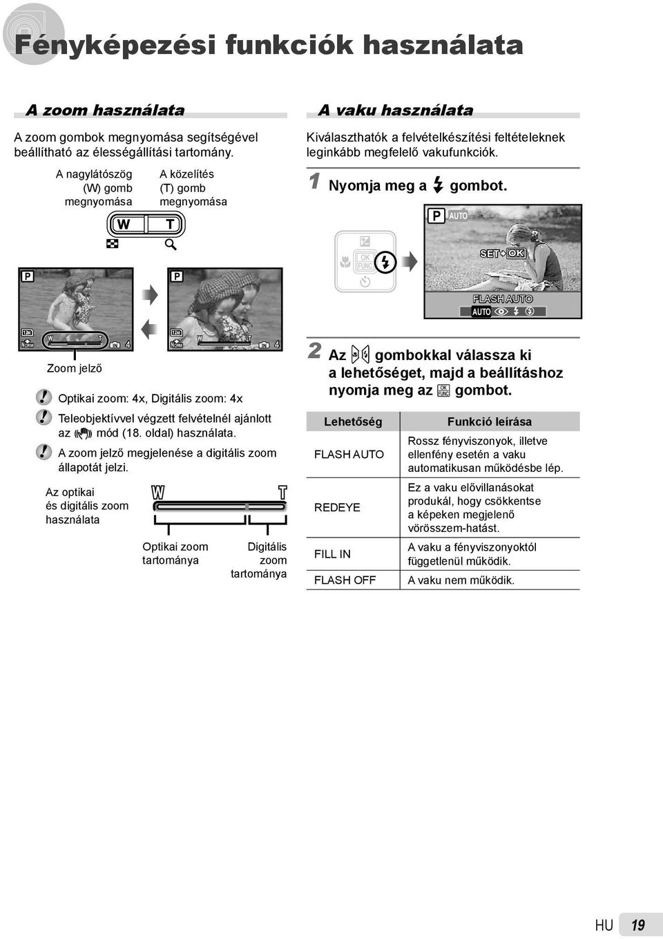 P AUTO SET OK P P FLASH AUTO AUTO! # $ 12M NORM Zoom jelző IN 4 12M NORM Optikai zoom: 4x, Digitális zoom: 4x Teleobjektívvel végzett felvételnél ajánlott az h mód (18. oldal) használata.
