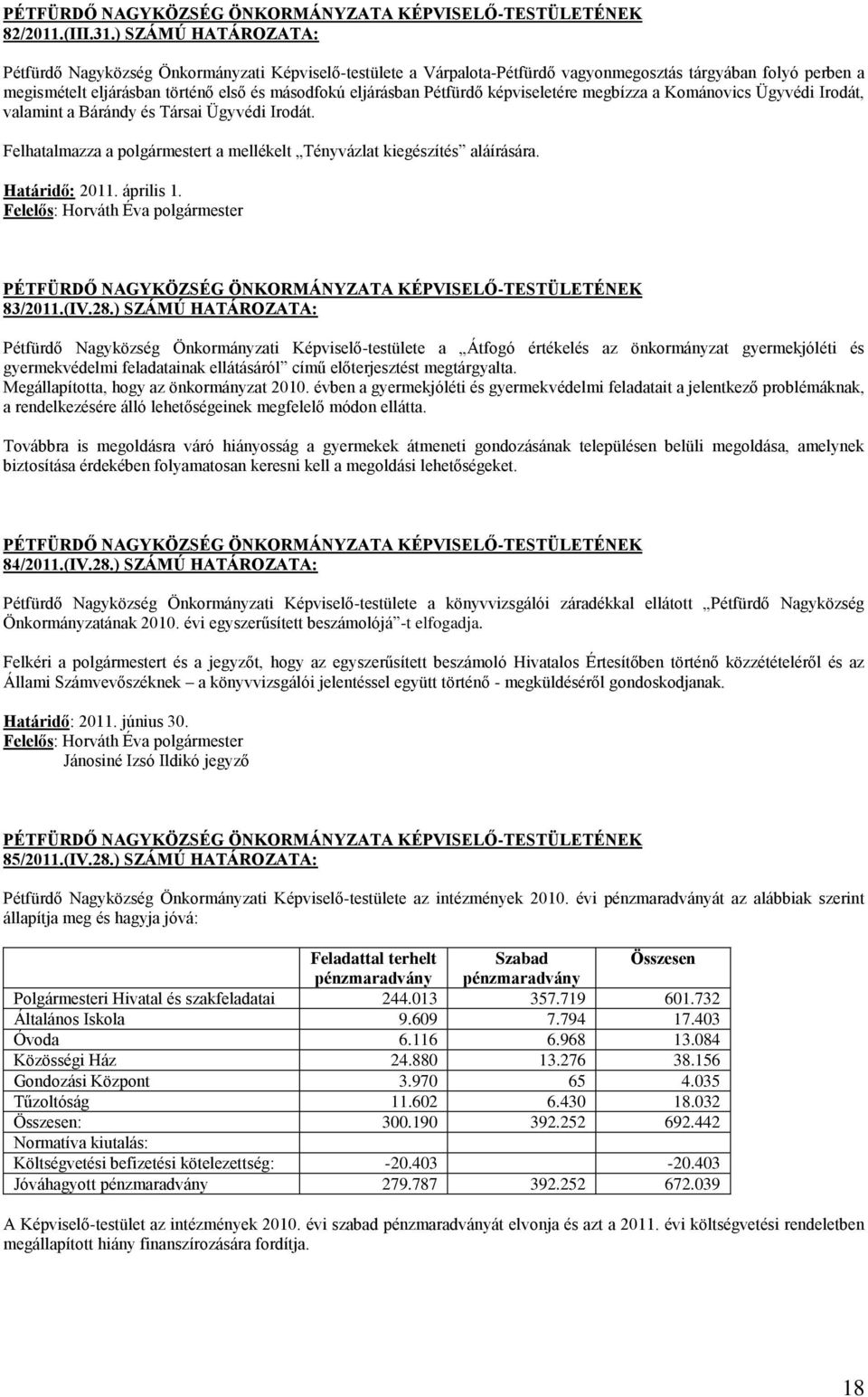 Pétfürdő képviseletére megbízza a Kománovics Ügyvédi Irodát, valamint a Bárándy és Társai Ügyvédi Irodát. Felhatalmazza a polgármestert a mellékelt Tényvázlat kiegészítés aláírására. Határidő: 2011.