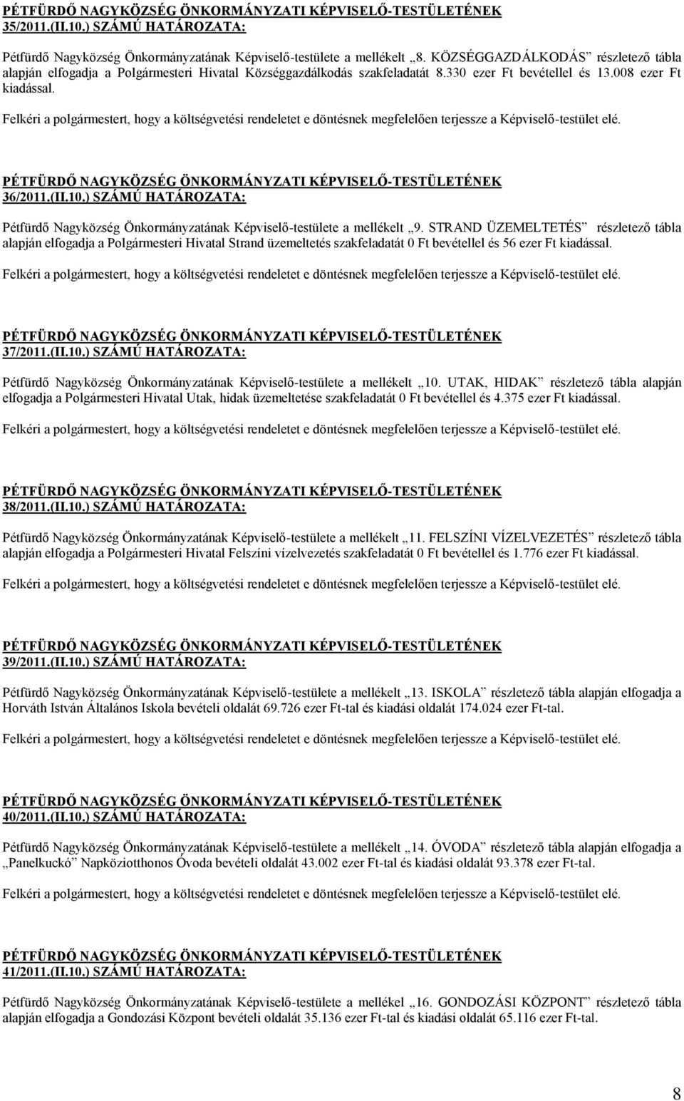 Felkéri a polgármestert, hogy a költségvetési rendeletet e döntésnek megfelelően terjessze a Képviselő-testület elé. PÉTFÜRDŐ NAGYKÖZSÉG ÖNKORMÁNYZATI KÉPVISELŐ-TESTÜLETÉNEK 36/2011.(II.10.