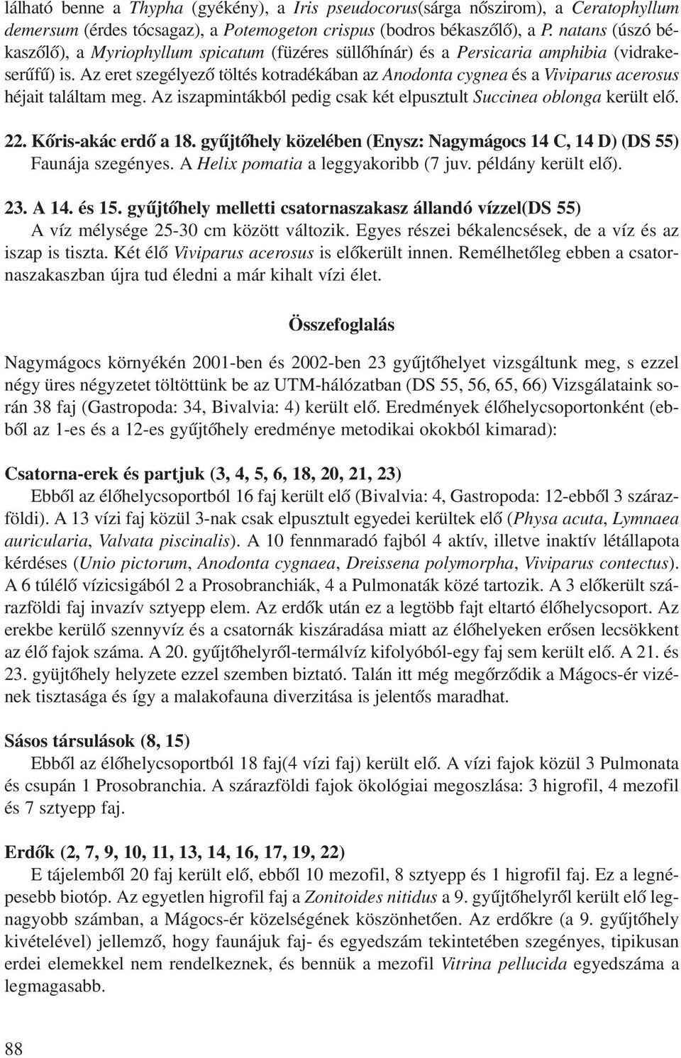 Az eret szegélyezõ töltés kotradékában az Anodonta cygnea és a Viviparus acerosus héjait találtam meg. Az iszapmintákból pedig csak két elpusztult Succinea oblonga került elõ. 22.