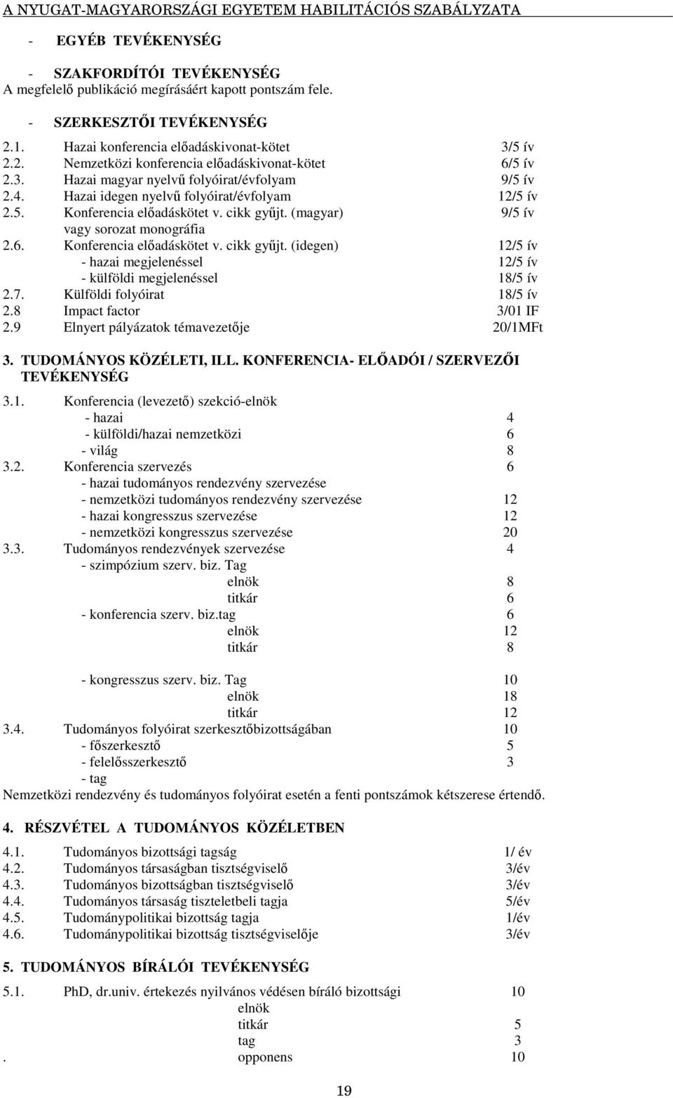 Konferencia eladáskötet v. cikk gyjt. (idegen) 12/5 ív - hazai megjelenéssel 12/5 ív - külföldi megjelenéssel 18/5 ív 2.7. Külföldi folyóirat 18/5 ív 2.8 Impact factor 3/01 IF 2.