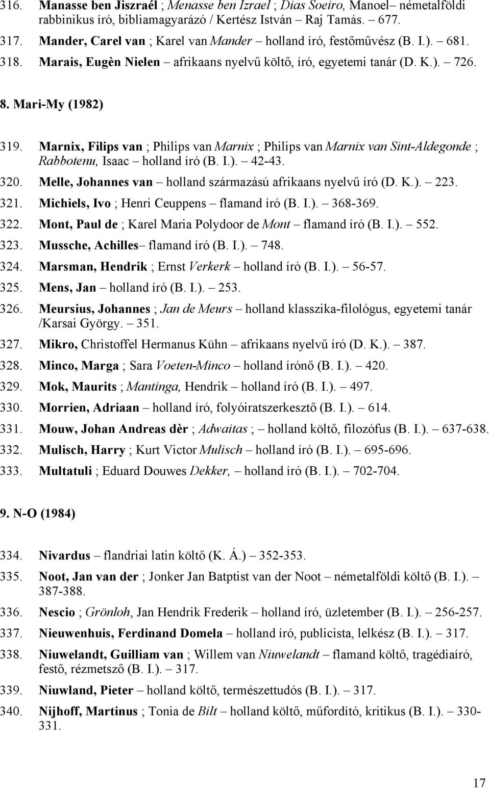 Marnix, Filips van ; Philips van Marnix ; Philips van Marnix van Sint-Aldegonde ; Rabbotenu, Isaac holland író (B. I.). 42-43. 320. Melle, Johannes van holland származású afrikaans nyelvű író (D. K.). 223.