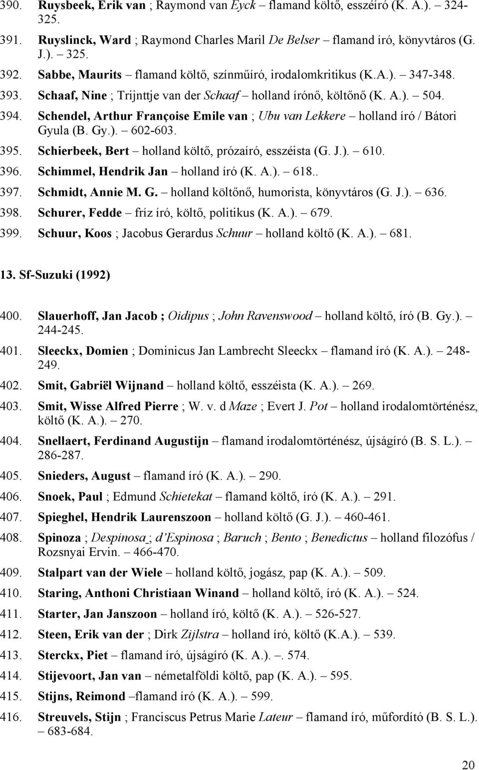 Schendel, Arthur Françoise Emile van ; Ubu van Lekkere holland író / Bátori Gyula (B. Gy.). 602-603. 395. Schierbeek, Bert holland költő, prózaíró, esszéista (G. J.). 610. 396.