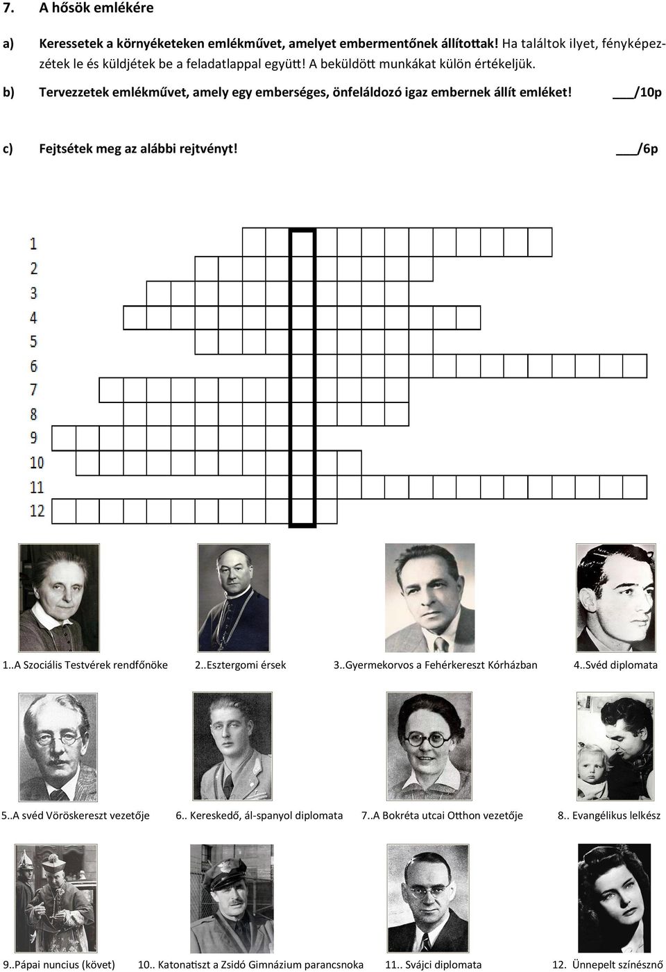 /6p 1..A Szociális Testvérek rendfőnöke 2..Esztergomi érsek 3..Gyermekorvos a Fehérkereszt Kórházban 4..Svéd diplomata 5..A svéd Vöröskereszt vezetője 6.