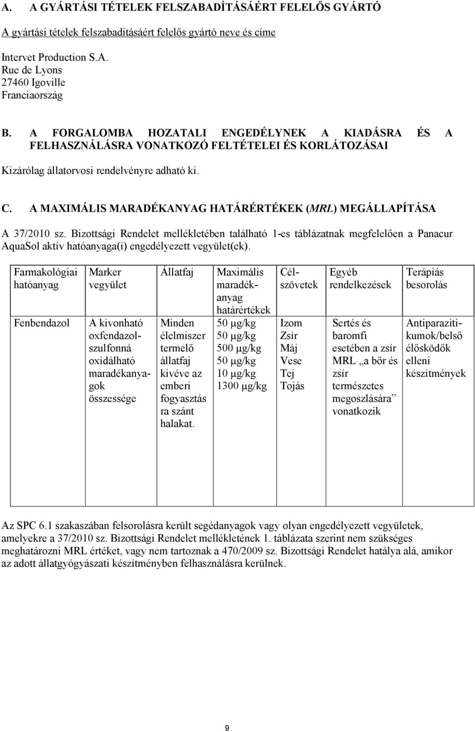 A MAXIMÁLIS MARADÉKANYAG HATÁRÉRTÉKEK (MRL) MEGÁLLAPÍTÁSA A 37/2010 sz.